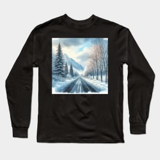 Winter Mountain Forest Road Landscape Long Sleeve T-Shirt